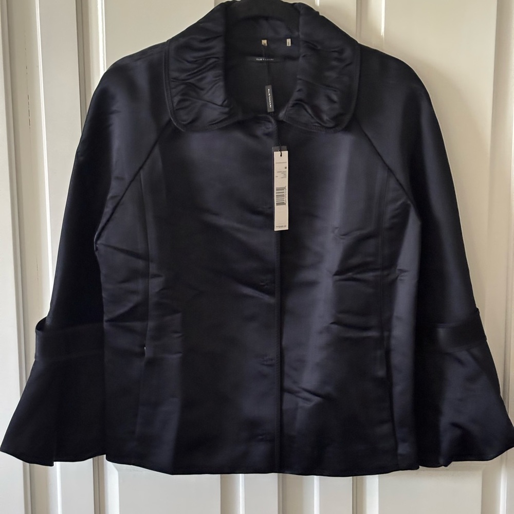 ELIE TAHARI (NEW WITH TAGS) Black Satin Jacket w/ Ruffle Collar&Bell Sleeve Sz M
